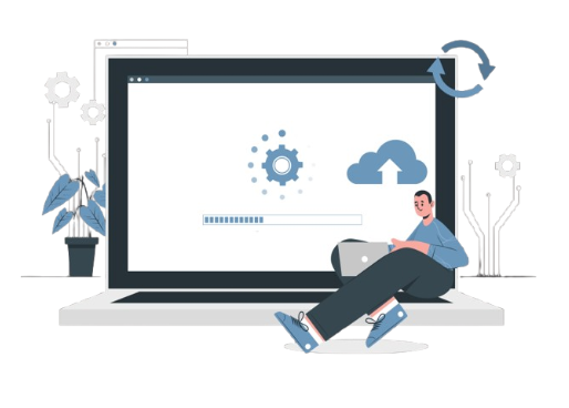 Person using laptop with screen showing loading and cloud upload.