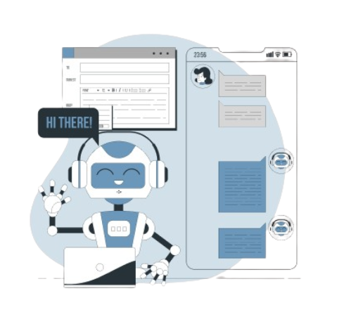 Robot waving near chat window and computer screen, saying "Hi there!" Text bubbles and digital interface in blue tones, cheerful mood.