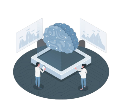 Two scientists analyze digital brain with graphs in background.