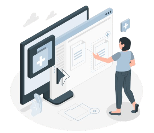Person using a virtual interface with folders, documents, and cloud icons in blue and gray tones.