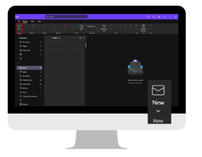 Dark email app interface with highlighted New button.