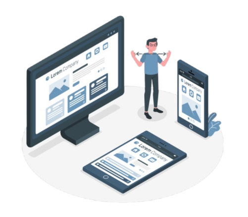 Man excitedly presents website designs across multiple digital devices.