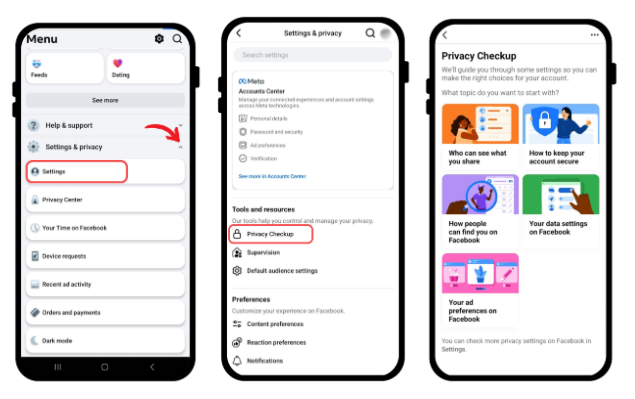 Navigating Facebook settings to access Privacy Checkup.