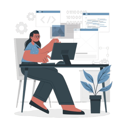 Woman coding at desk with computer, gears, and tech background.