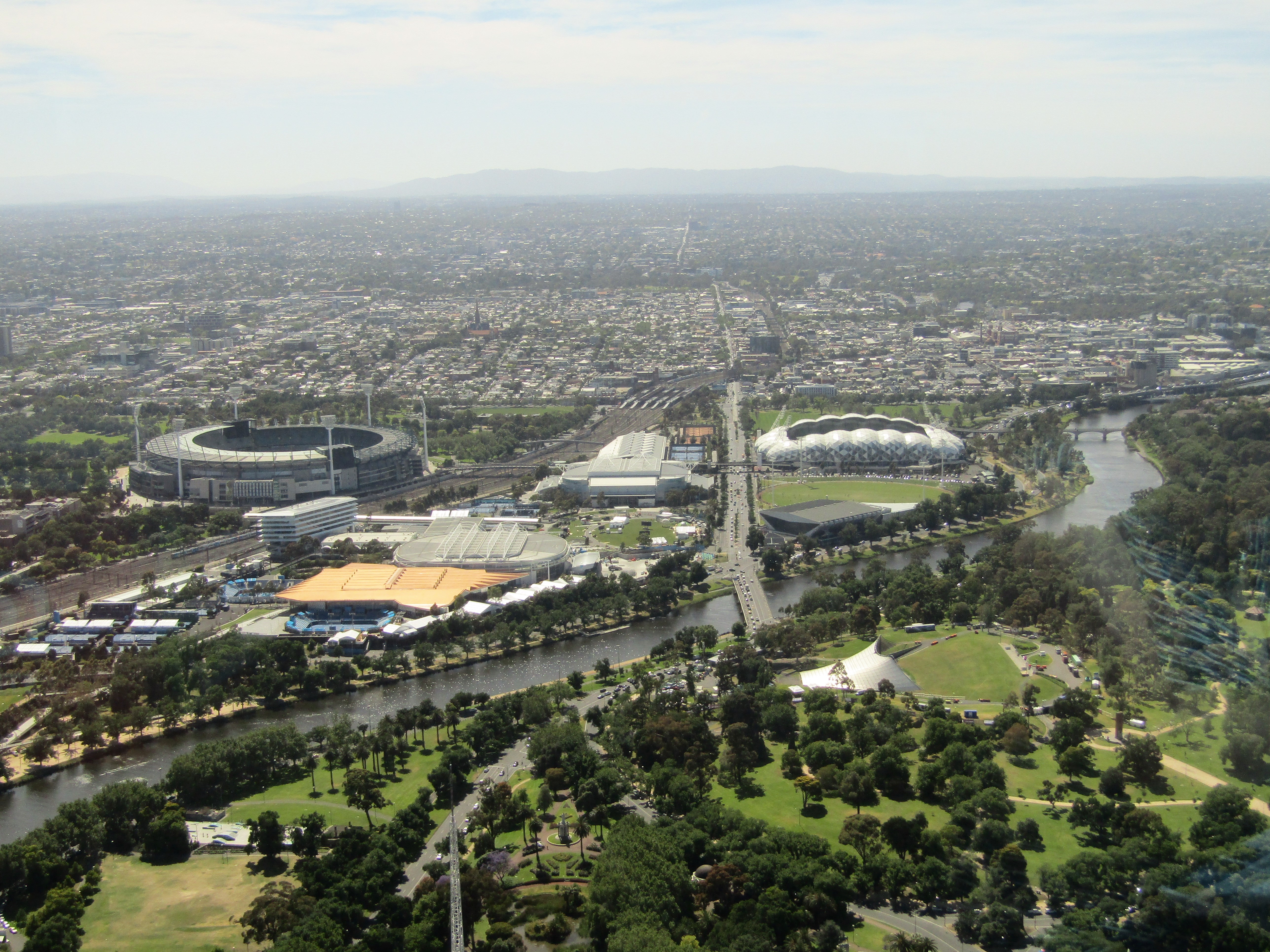 Melbourne Eureka tower best tennis complex w cricket on left and Mt Dandenong in background MM 2016
