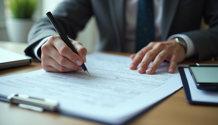 High angle view of a person reviewing documents related to immigration evaluation