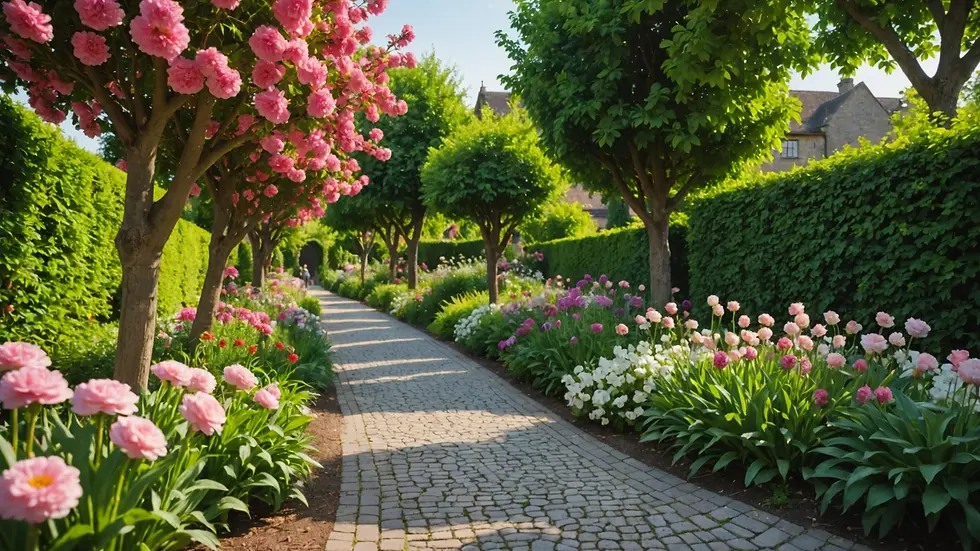 Wide angle view of a serene garden pathway lined with flowers