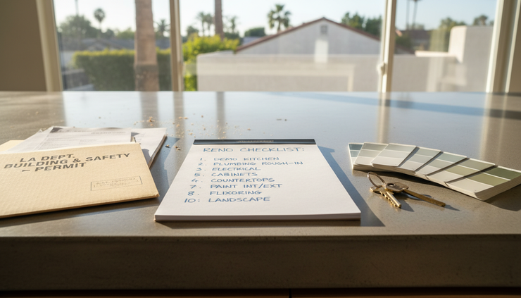 High-angle view of a residential renovation checklist on a kitchen counter