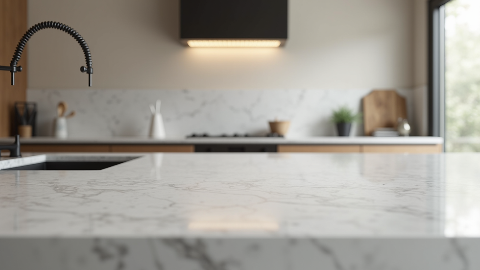 Close-up view of modern kitchen countertop with quartz surface