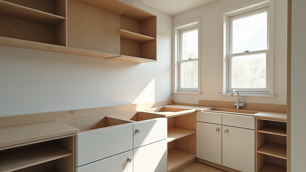 High angle view of kitchen remodeling in progress with new cabinetry installation