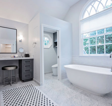 modern bathroom renovation Beverly Hills los angeles freestanding bathtub bright bathroom design vanity area marble tile