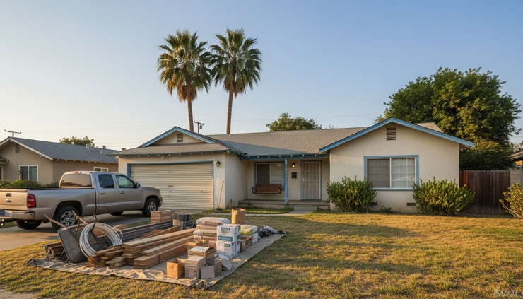 Wide-angle view of a Los Angeles home prepared for renovation