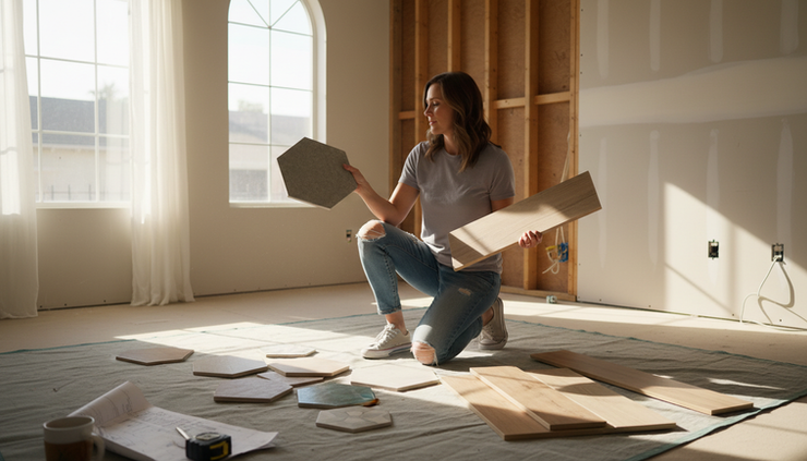 Eye-level view of a homeowner reviewing tile and wood samples in a room under renovation