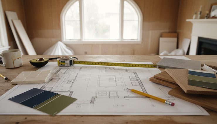 Close-up view of renovation drawings and a measuring tape inside a Los Angeles home