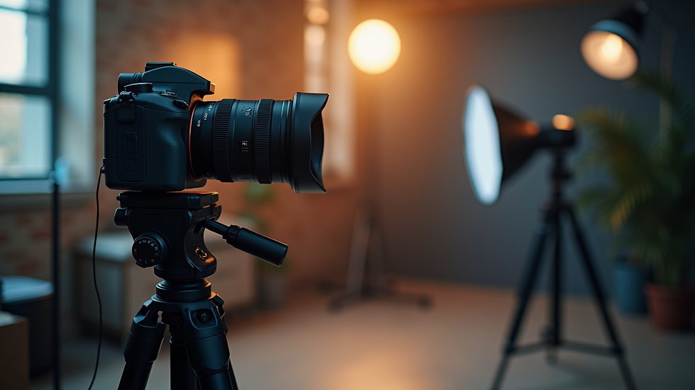 Close-up view of a professional camera on a tripod in a studio