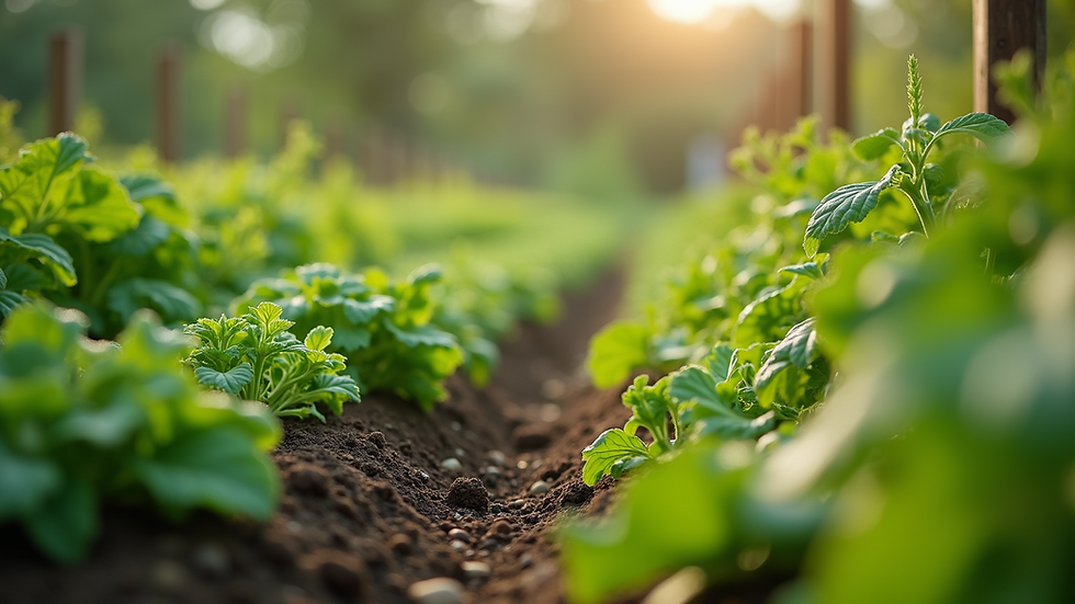 Close-up view of a vibrant vegetable garden with various plants growing