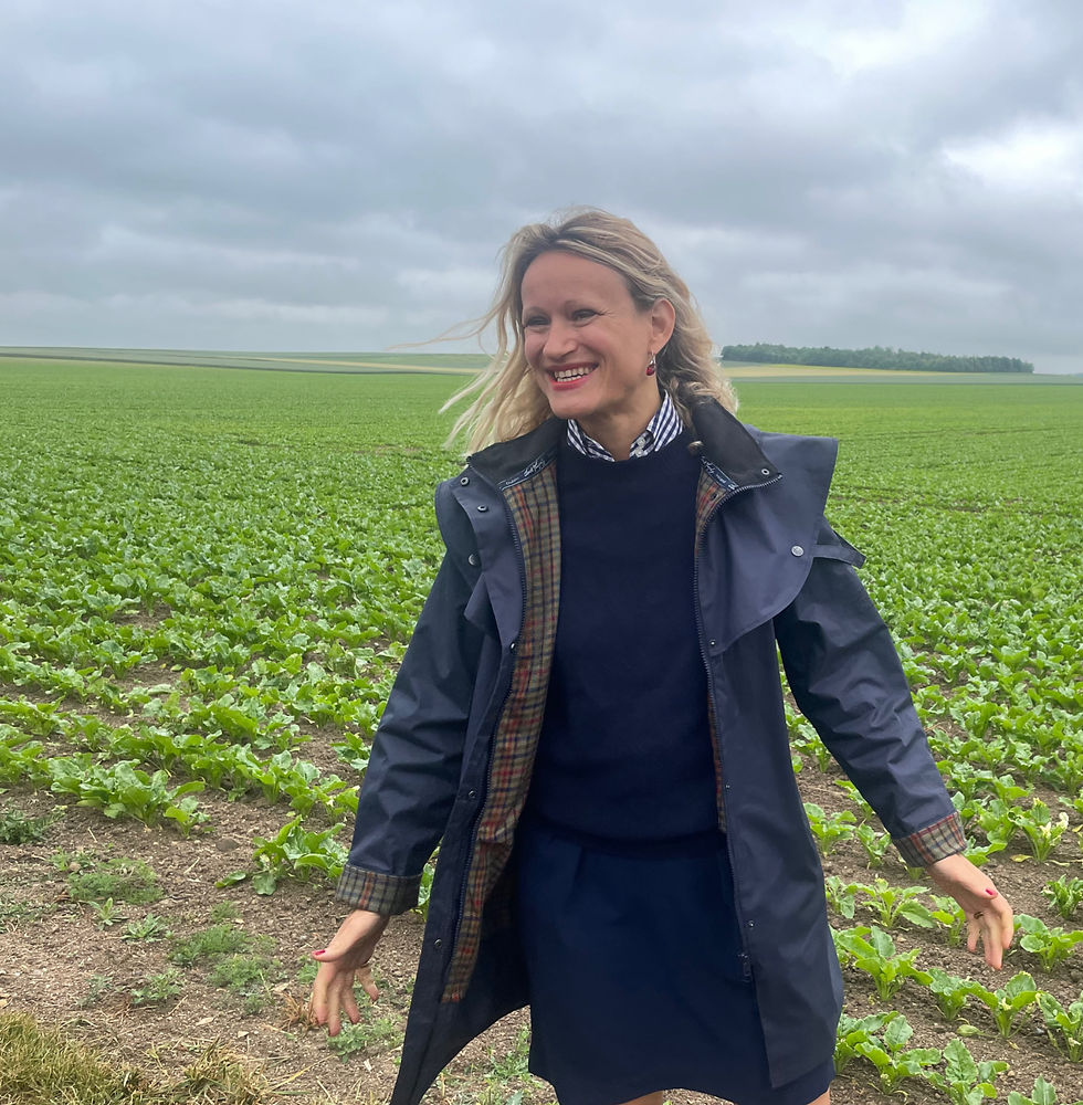 La philosophe Gabrielle Halpern en visite de terrain dans un champ de betteraves dans les Ardennes, en préparation des Journées Nationales de l'Agriculture