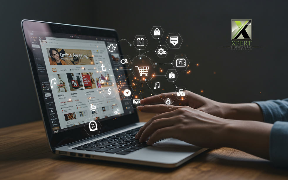 Hands typing on laptop with online shopping icons floating above, featuring Xpert Business & Tax Solutions logo.