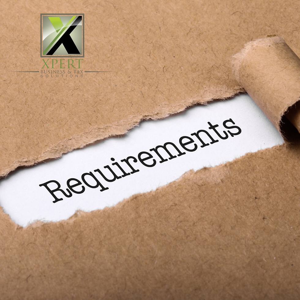 Word 'Requirements' revealed beneath torn brown paper, with the Xpert Business & Tax Solutions logo in the corner.