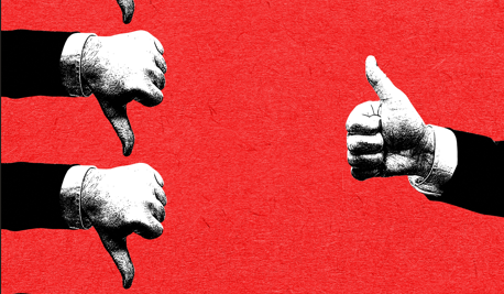 Two black-and-white hands show two thumbs down on the left and one thumbs up on the right against a bright red background.