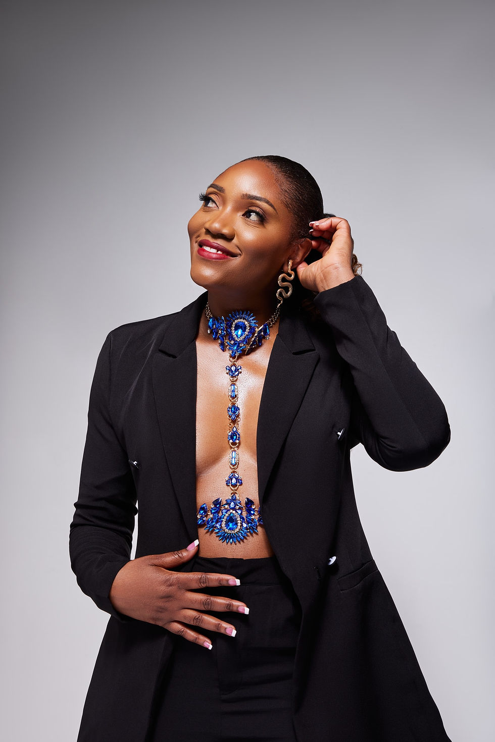 blue body chain on model 