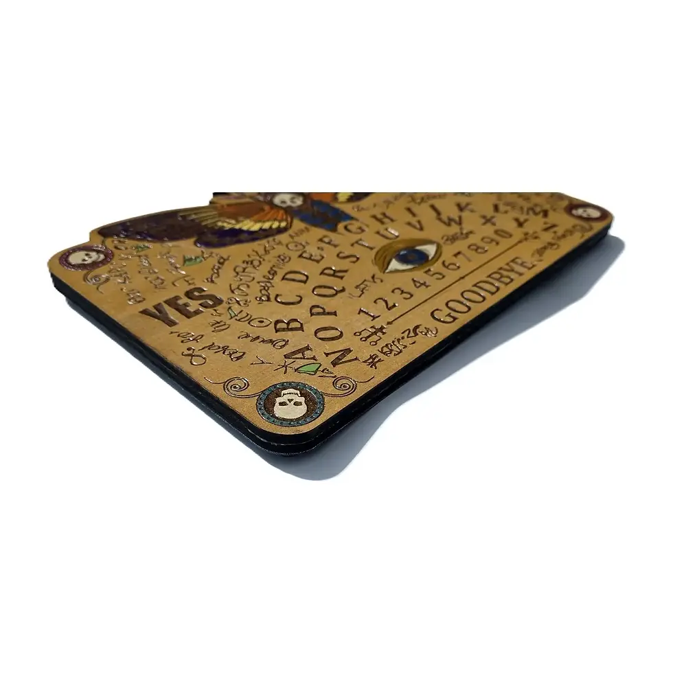 Thumbnail: Low angled view of Death’s-head Moth spirit board design two showing the layered black edge