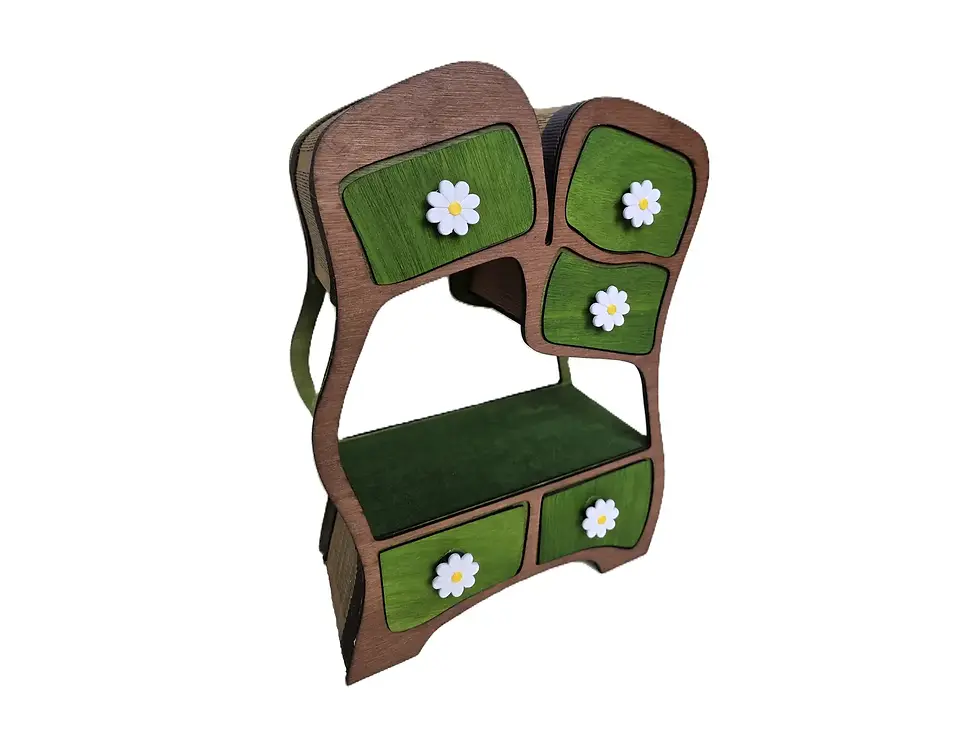 Handmade wonky jewellery box with curved wooden sides, green velvet and daisy drawer knobs