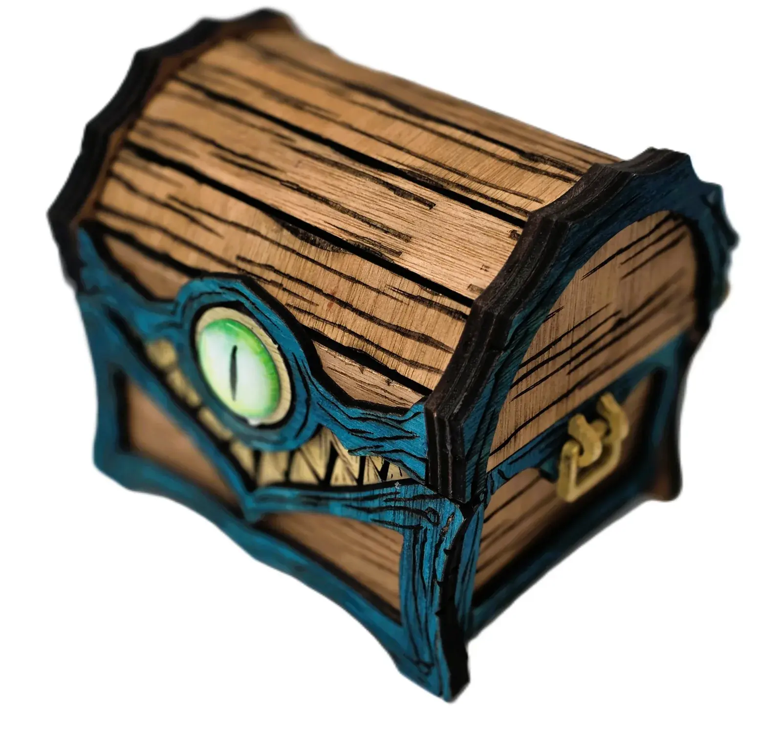 Angled overall view of the dark green small cyclops chest with painted wooden panels, eye detail and a tooth-lined mouth.