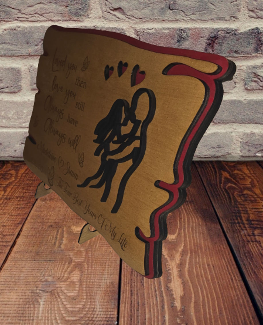 Thumbnail: Personalised wooden anniversary plaque with engraved names and romantic heart motifs