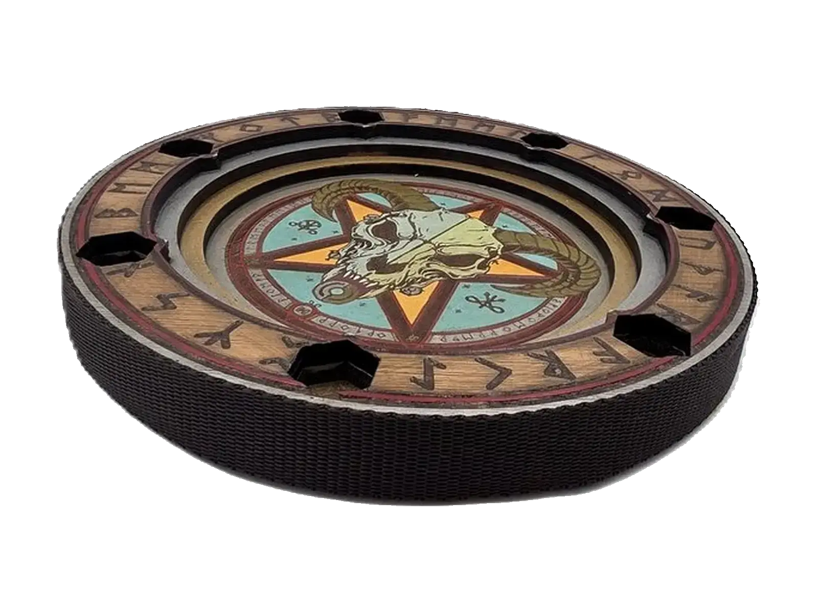 Hand-painted round RPG dice rolling tray with a ram skull centrepiece, rune-inspired border and six dice rests