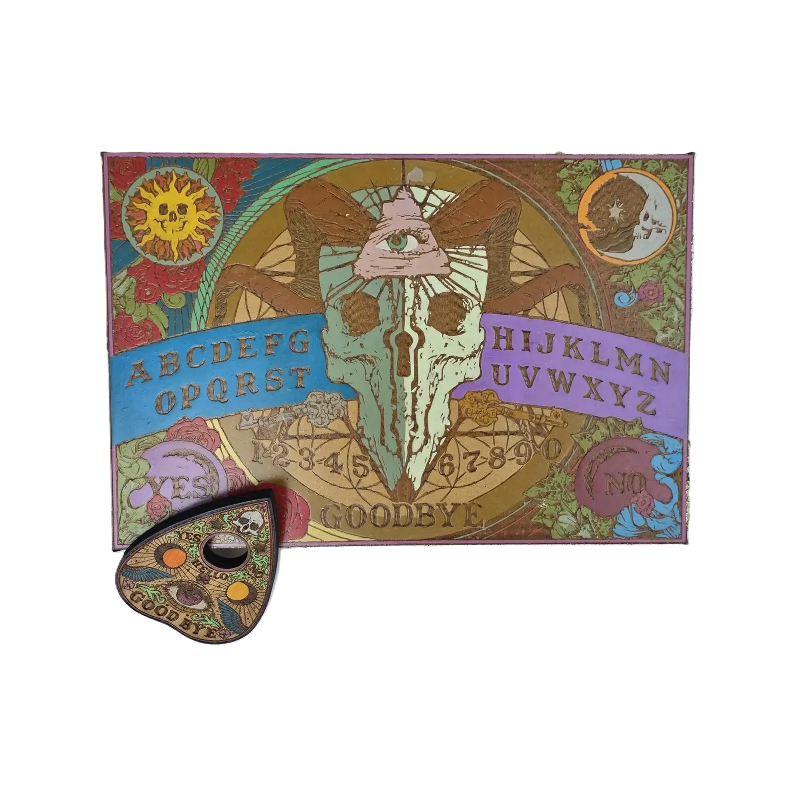 One-off hand-painted Ram Skull spirit board with matching planchette on a transparent background
