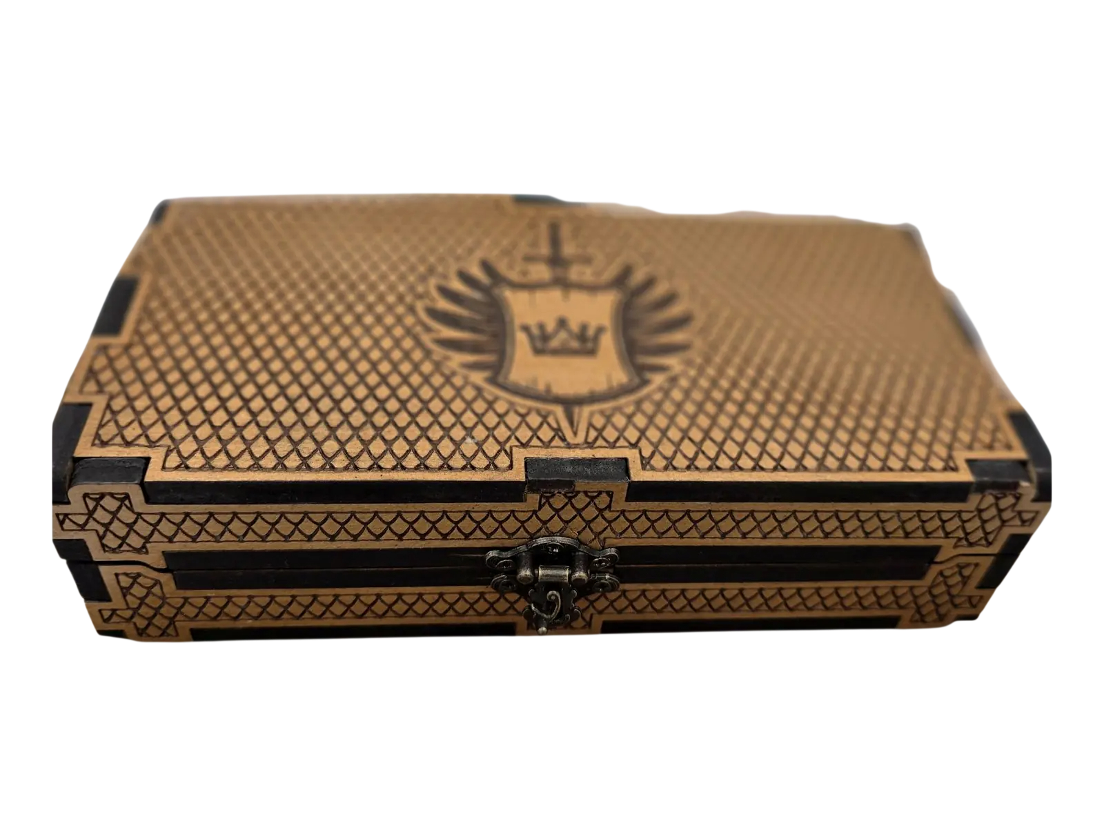 Closed wooden RPG dice box with engraved patterned lid and central crest