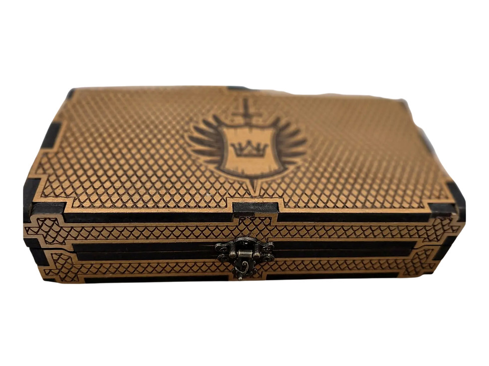 Closed wooden RPG dice box with engraved patterned lid and central crest