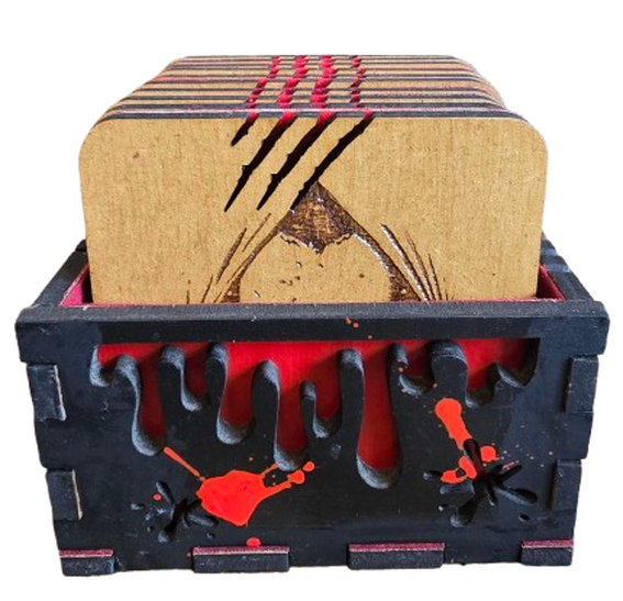 Handmade wooden horror coasters featuring Freddy Krueger, Pennywise, Jason, Michael Myers and Chucky