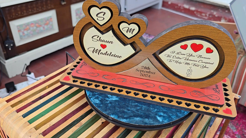 Thumbnail: Handmade personalised infinity sign in dark oak and cream, rustic wedding decoration keepsake