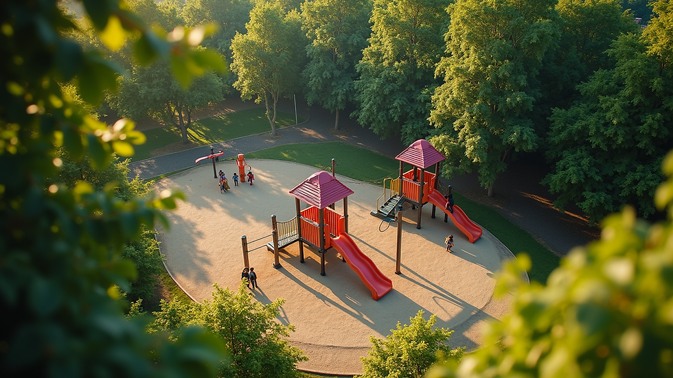 High angle view of vibrant playground surrounded by trees