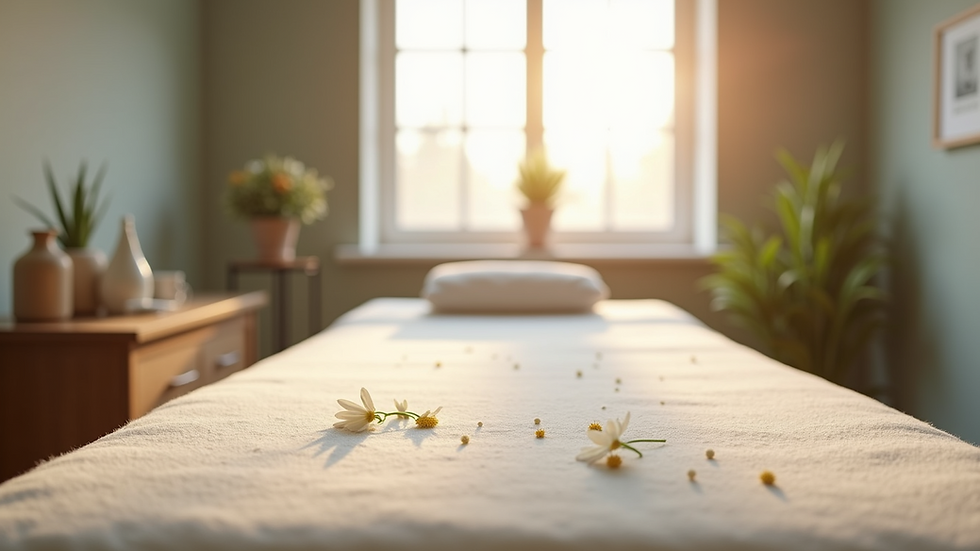 Eye-level view of a serene acupuncture clinic room with a treatment bed