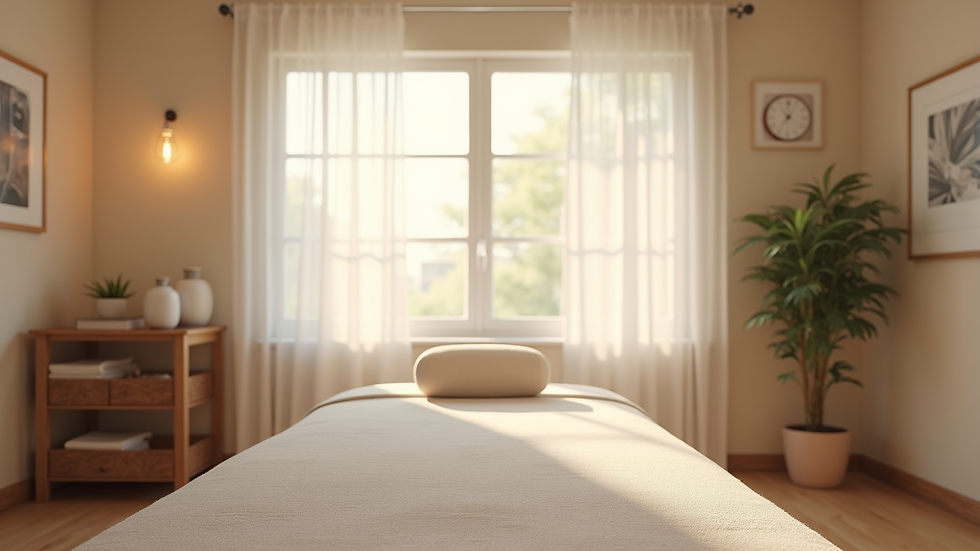 Eye-level view of a serene acupuncture clinic room with a treatment bed