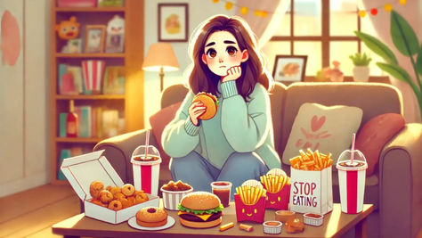 A young woman sitting in front of a lot of food thinking how to get support from the eating disorders clinic for the food addiction