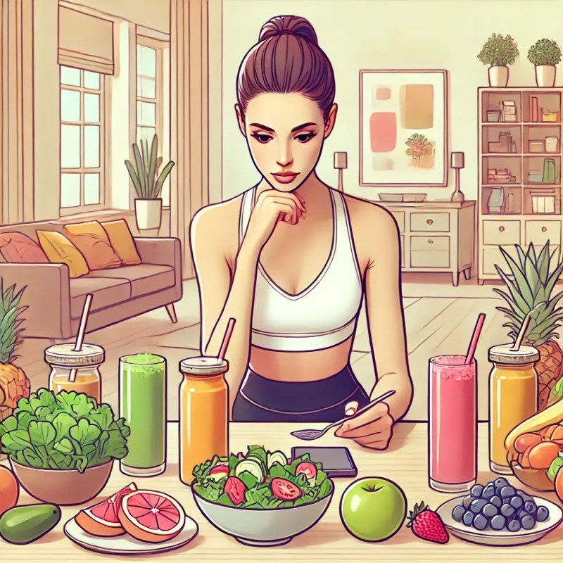 a slim woman sitting in front of a table with healthy food contemplating orthorexia support at the eating disorders clinic