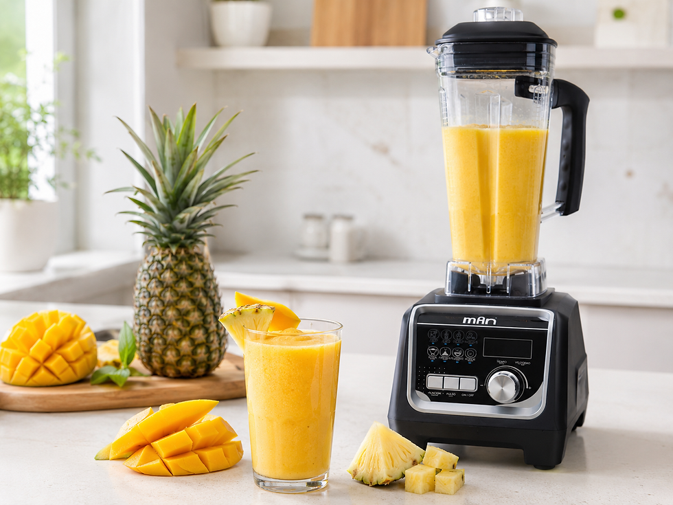 Smoothie tropical de mango y piña servido frío en vaso con frutas frescas en licuadora MAN.