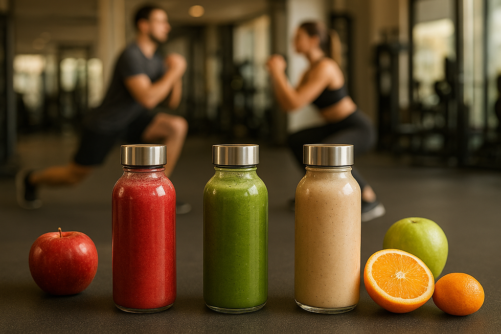 Tres vasos con jugos de colores (rojo, verde, beige) sobre fondo de gimnasio o frutas.