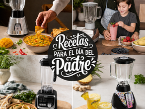 Papá disfrutando recetas caseras del Día del Padre preparadas con una licuadora man.