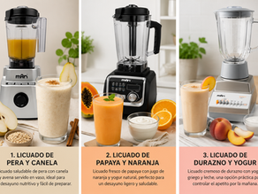 : Tres licuados saludables para desayuno elaborados con pera, papaya y durazno sobre una mesa de cocina.