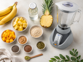 Preentrenamiento natural preparado en licuadora con frutas e ingredientes frescos