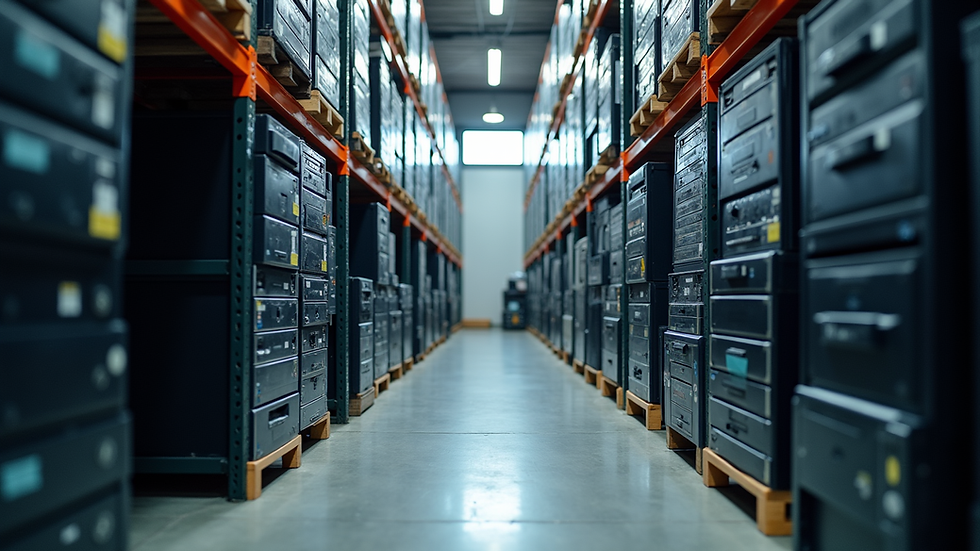 Eye-level view of a warehouse with stacked IT equipment ready for disposal