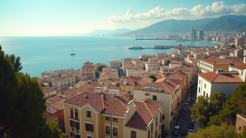 High angle view of Málaga cityscape with Mediterranean Sea in the distance
