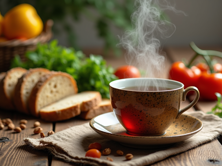 Whole grain bread and herbal tea on wooden table