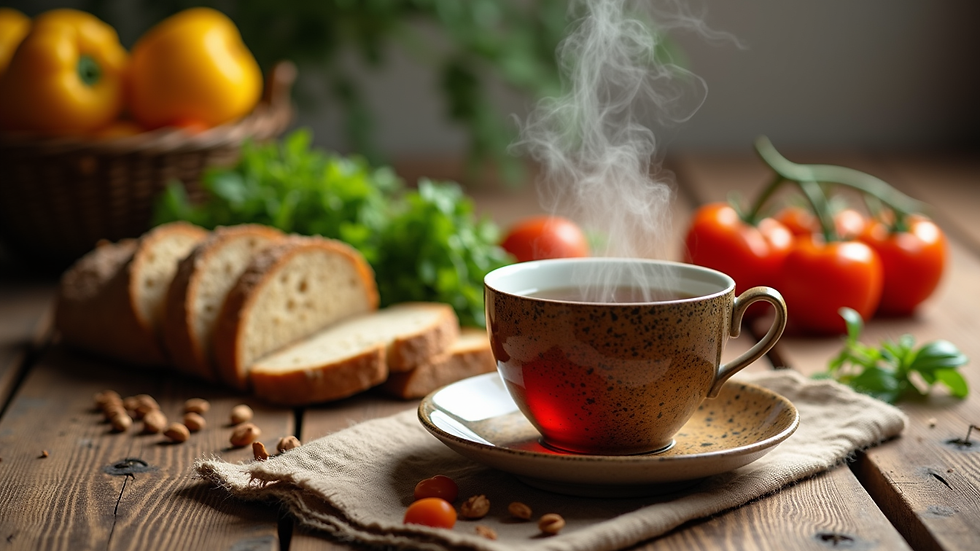 Eye-level view of a wooden table with whole grain bread, fresh vegetables, and a glass of herbal tea