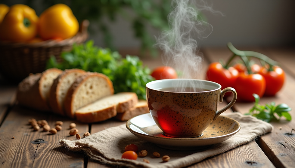 Whole grain bread and herbal tea on wooden table
